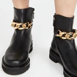 Stuart Weitzman Gold Chain Lift Leather Boot Black Lug Sole Moto Combat